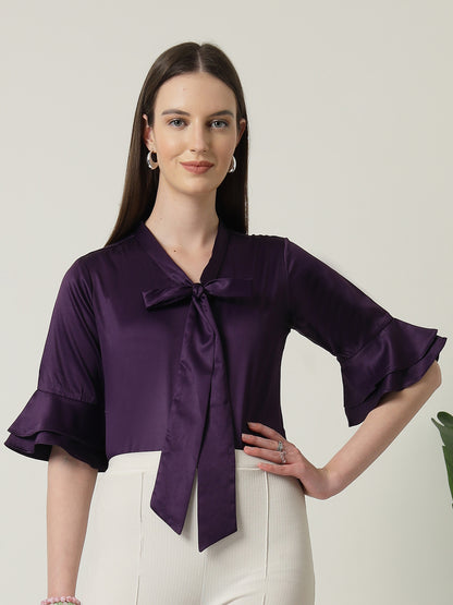 Style Quotient Women Solid Wine Satin Bell Sleeve Regular Top