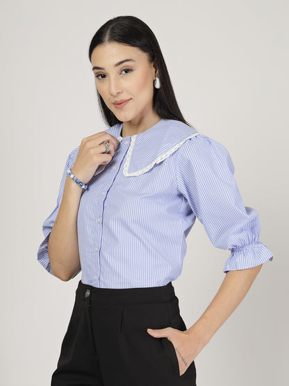 Style Quotient Women Stripe  Blue White Polycotton Formal Shirt