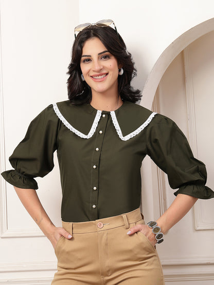 Style Quotient Women Solid Olive Shirt Style Top