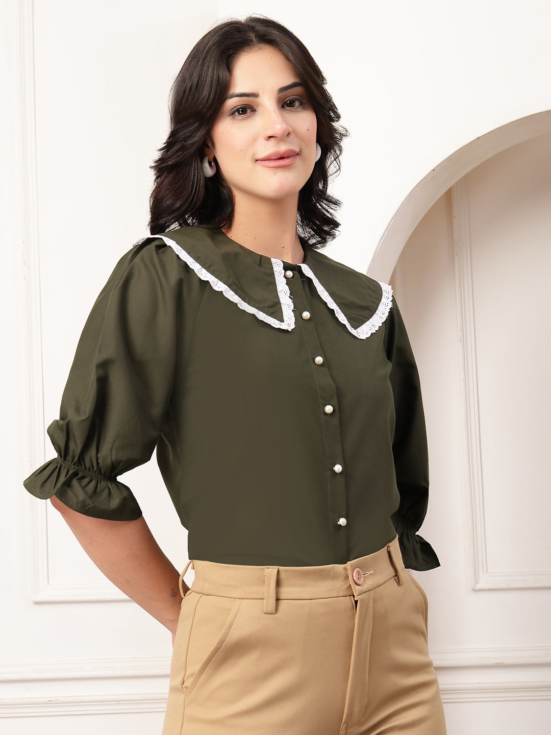 Style Quotient Women Solid Olive Shirt Style Top