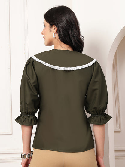 Style Quotient Women Solid Olive Shirt Style Top