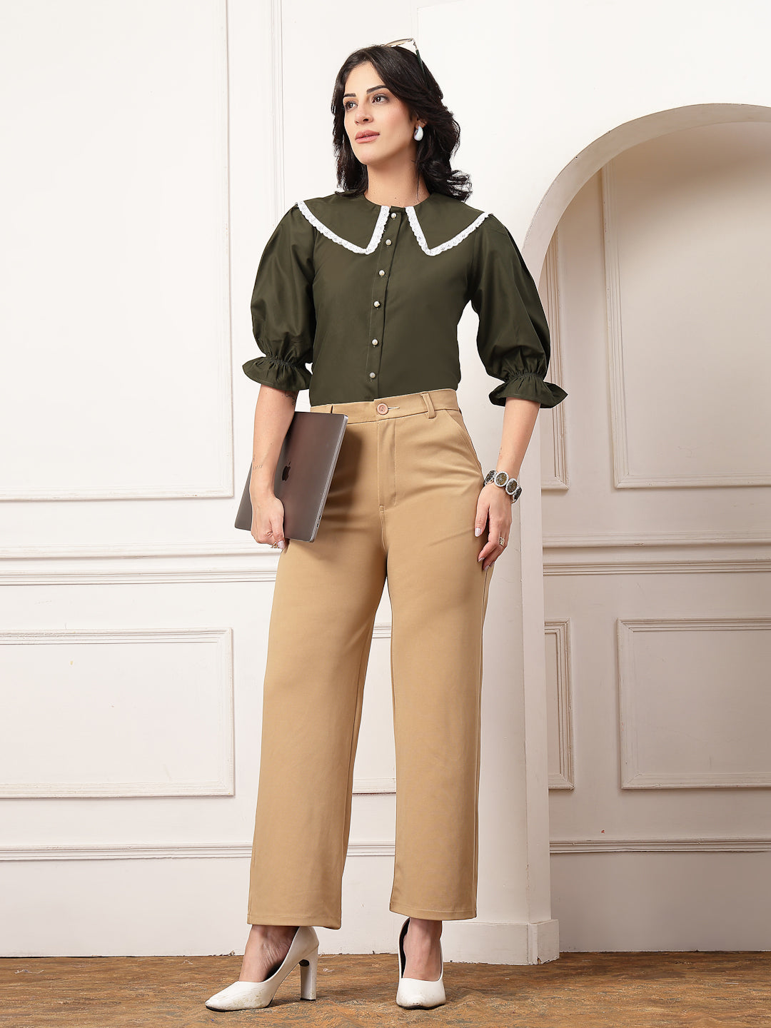 Style Quotient Women Solid Olive Shirt Style Top
