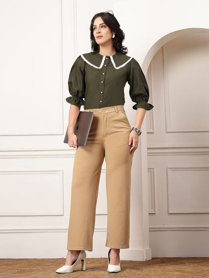 Style Quotient Women Solid Olive Shirt Style Top