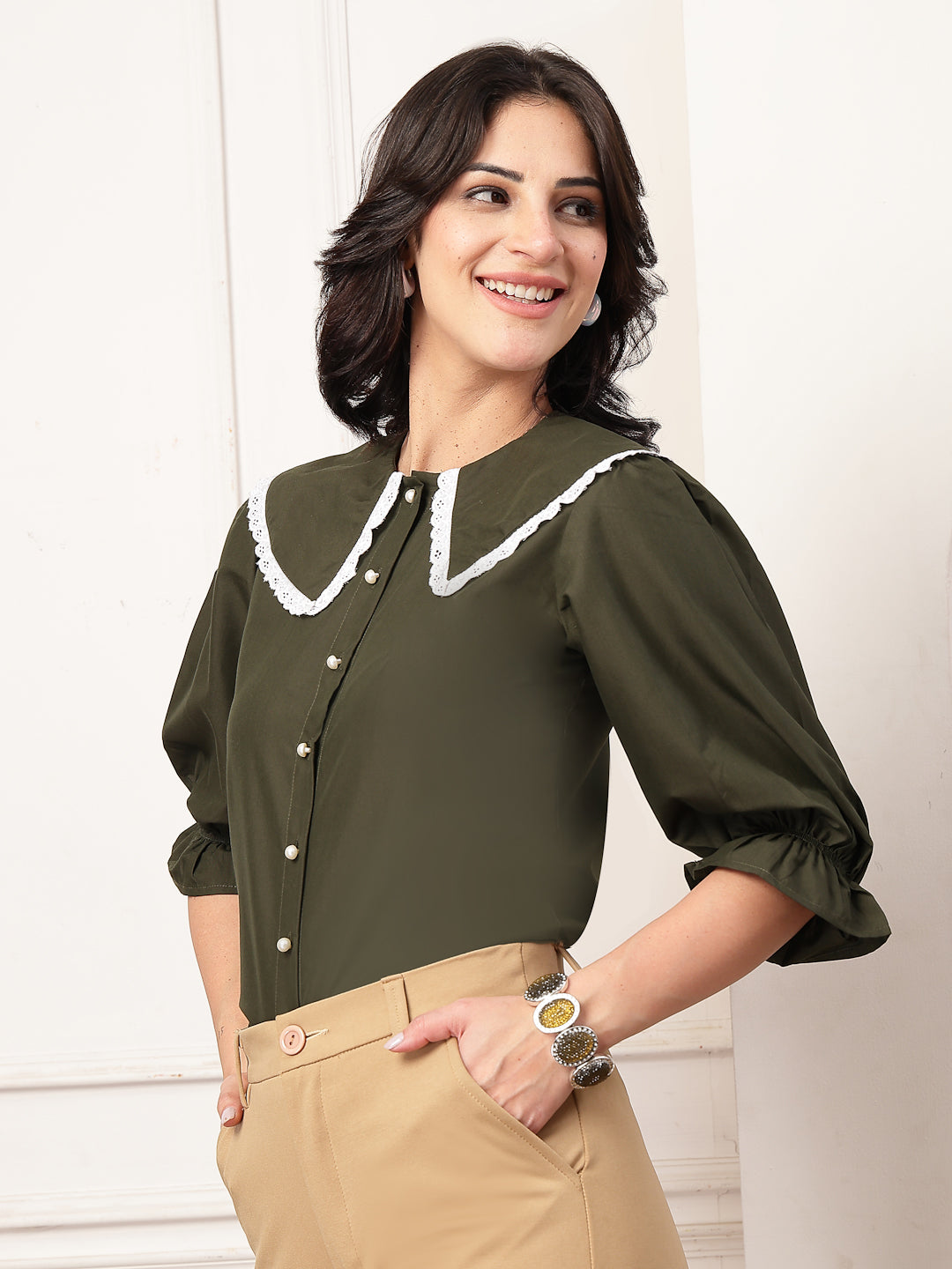 Style Quotient Women Solid Olive Shirt Style Top