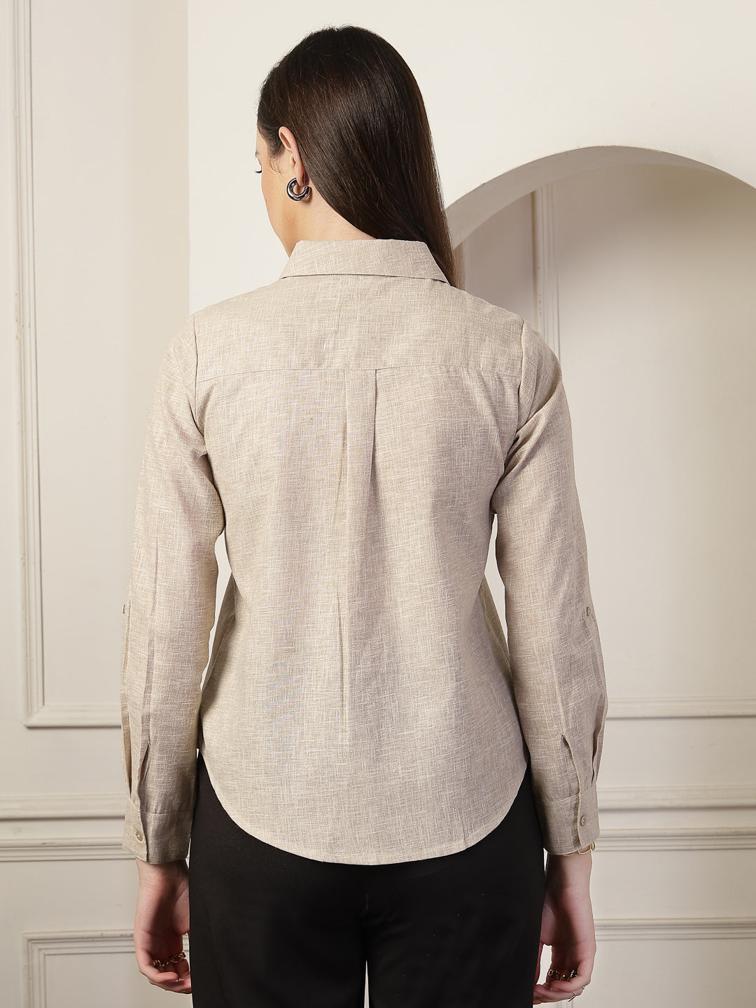 Style Quotient Women Beige Self Design Linen Regular Fit Formal Shirt