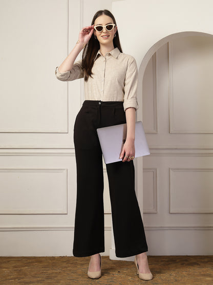Style Quotient Women Beige Self Design Linen Regular Fit Formal Shirt