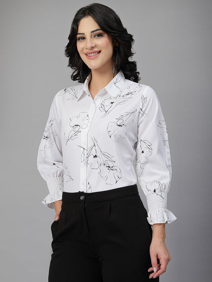 Style Quotient Women White and Black Floral Printed Polycrepe Regular Smart Casual Shirt