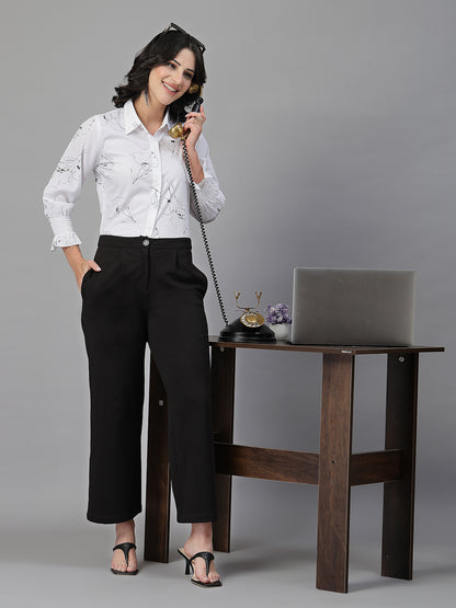 Style Quotient Women White and Black Floral Printed Polycrepe Regular Smart Casual Shirt