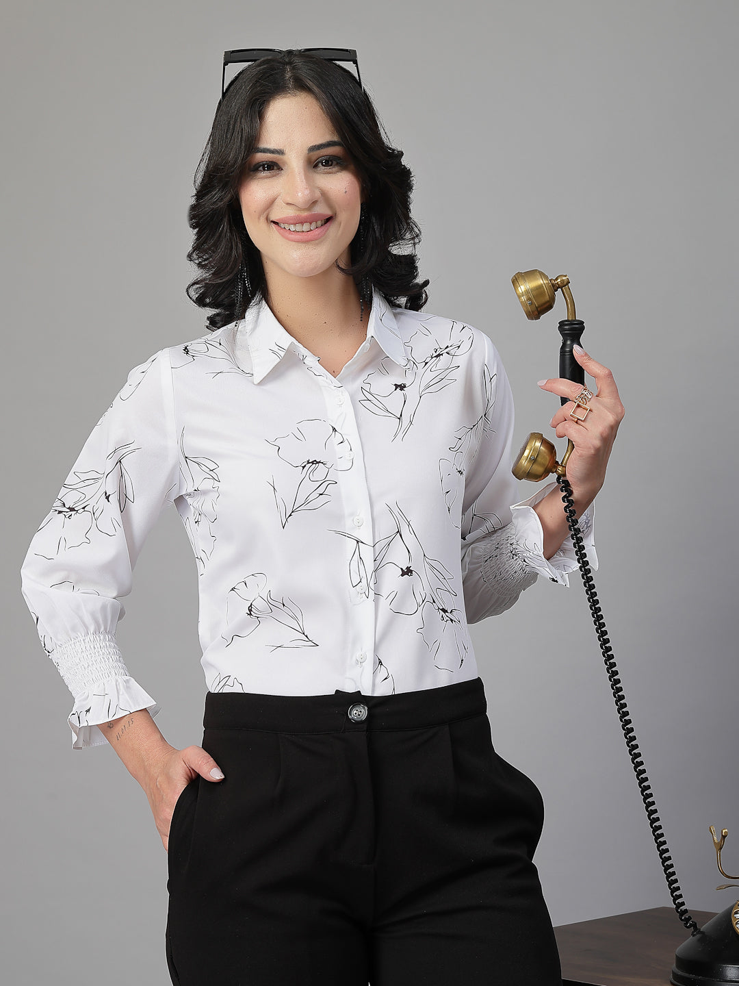 Style Quotient Women White and Black Floral Printed Polycrepe Regular Smart Casual Shirt