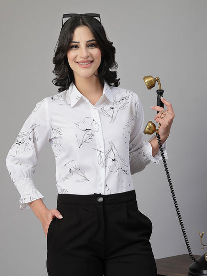 Style Quotient Women White and Black Floral Printed Polycrepe Regular Smart Casual Shirt