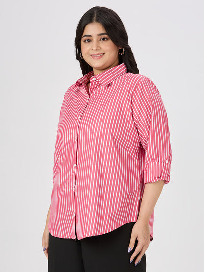 Style Quotient Plus Women Red and White Stripe Polycotton Formal Shirt