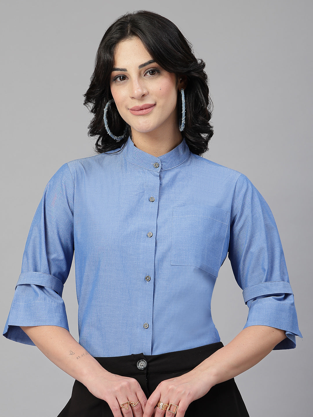 Style Quotient Women Solid Blue Chambray Cotton Formal Shirt