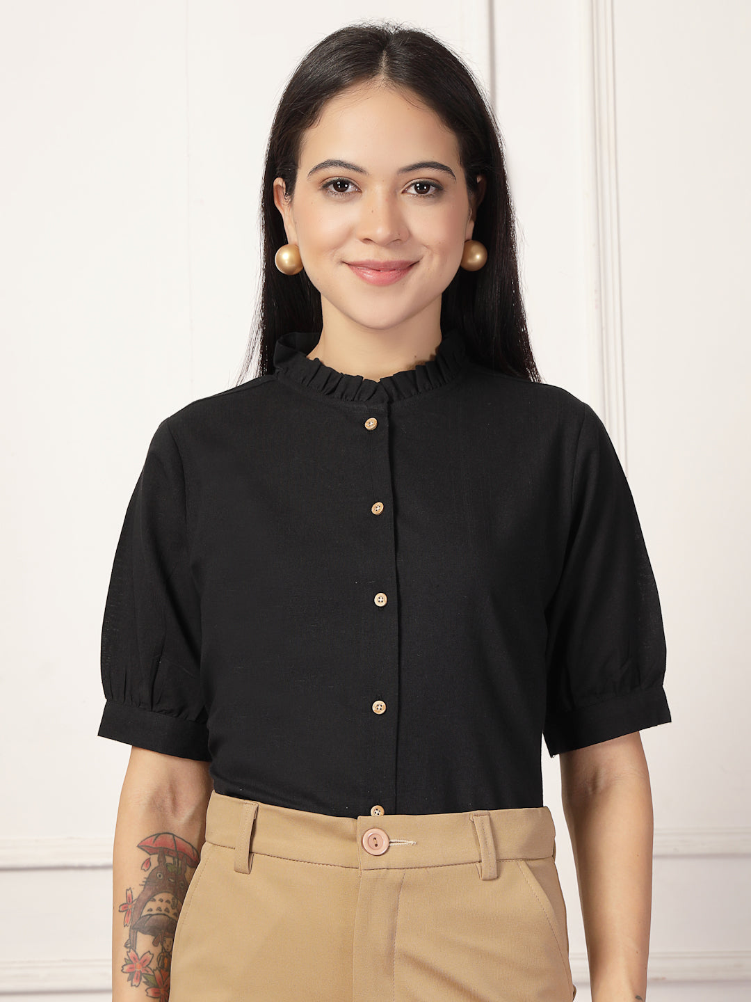 Style Quotient Women Solid Black Regular Fit Flex Formal Shirt