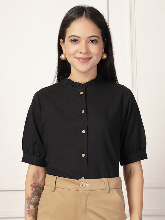 Style Quotient Women Solid Black Regular Fit Flex Formal Shirt