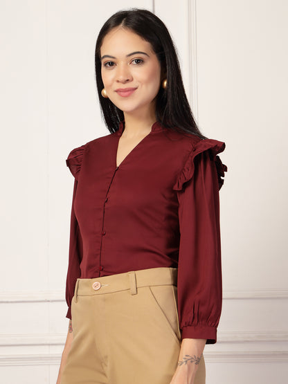 Style Quotient Women Solid Maroon Polymoss Formal Shirt