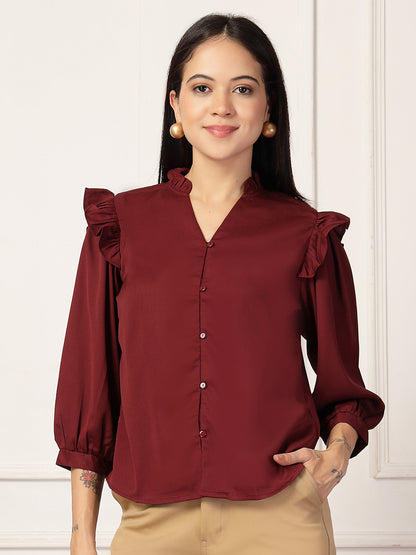 Style Quotient Women Solid Maroon Polymoss Formal Shirt