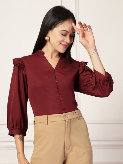 Style Quotient Women Solid Maroon Polymoss Formal Shirt
