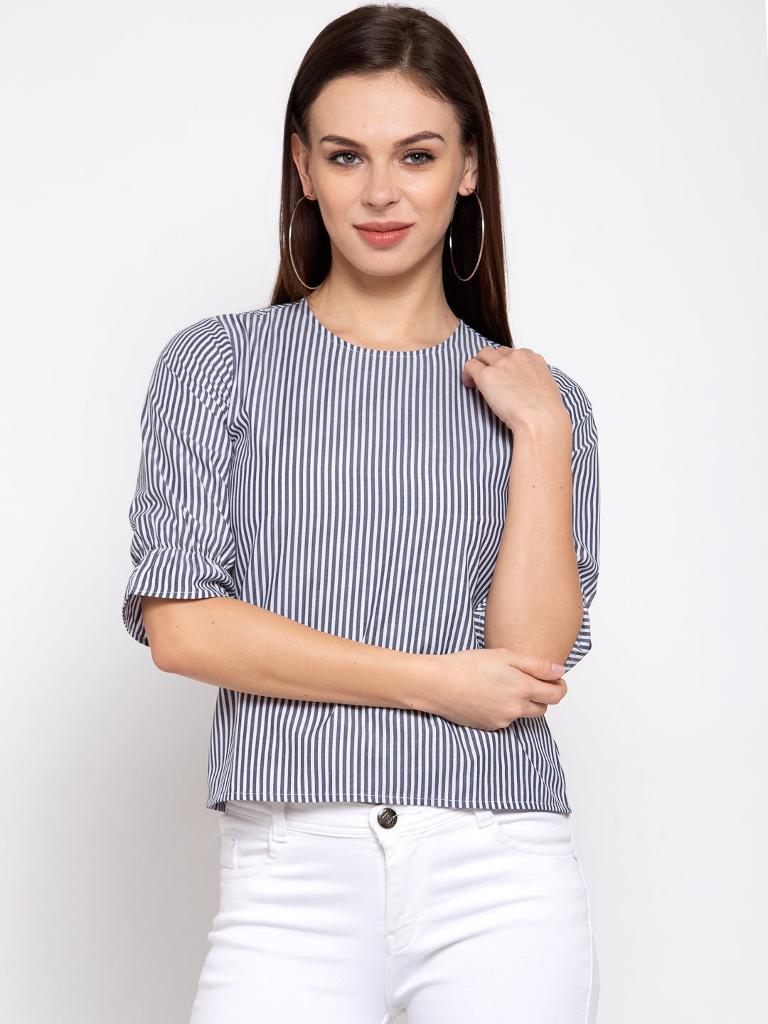 Style Quotient Women Blue and White Stripe Printed Polycotton Smart Top