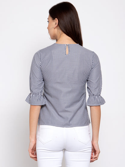 Style Quotient Women Blue and White Stripe Printed Polycotton Smart Top