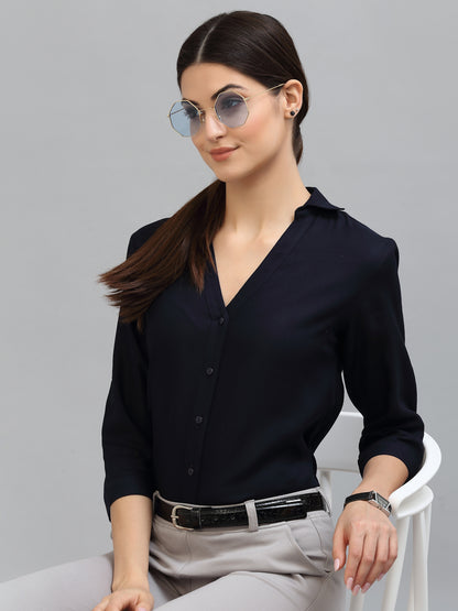 Style Quotient Women Solid Navy Viscose Rayon Semi Formal Shirt