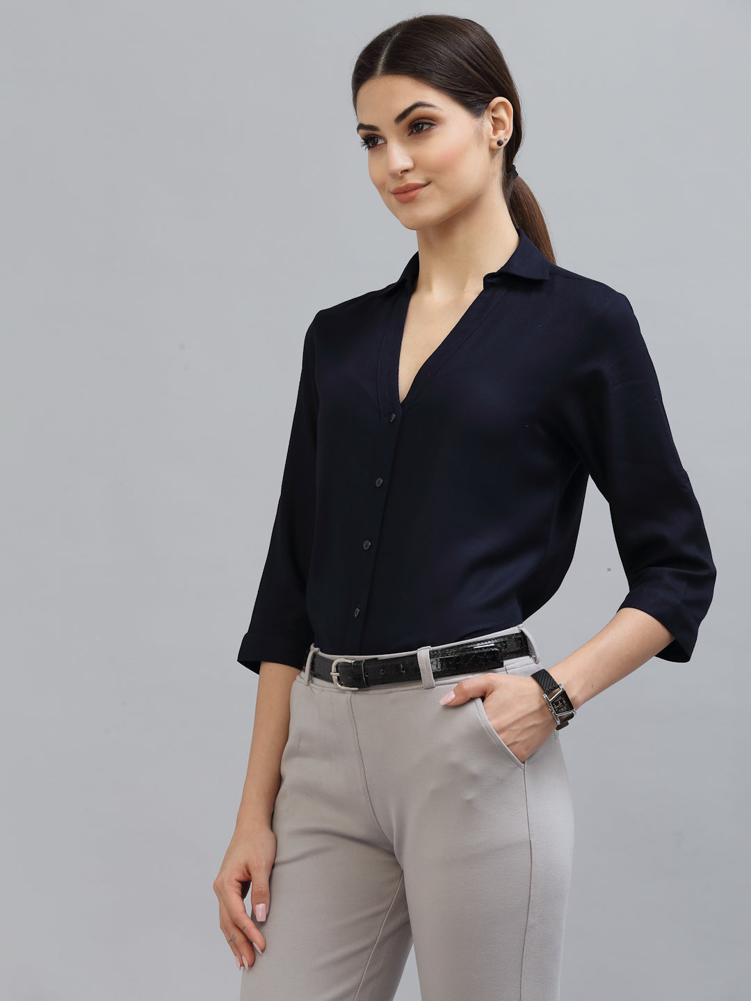 Style Quotient Women Solid Navy Viscose Rayon Semi Formal Shirt