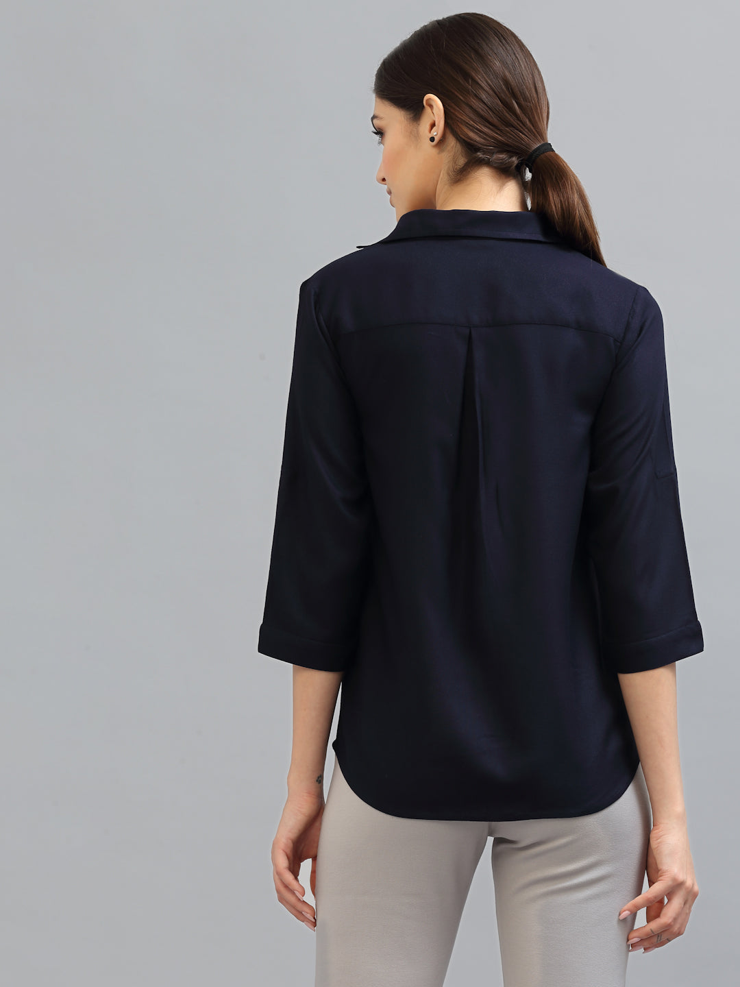Style Quotient Women Solid Navy Viscose Rayon Semi Formal Shirt