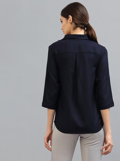 Style Quotient Women Solid Navy Viscose Rayon Semi Formal Shirt
