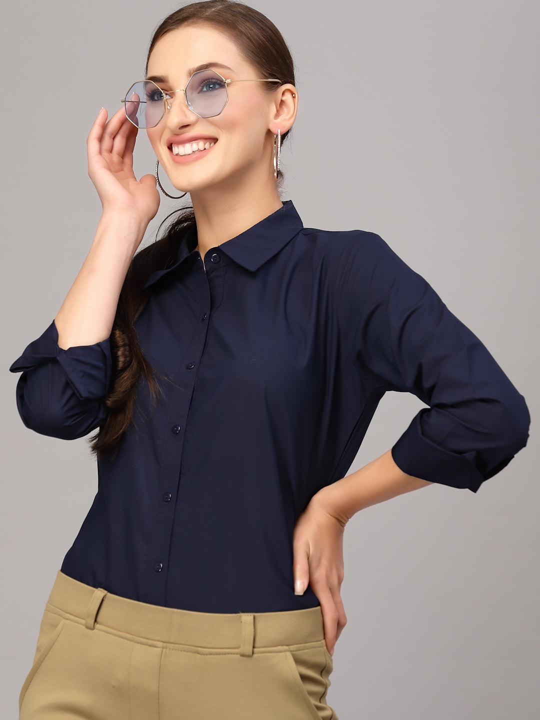 Style Quotient Women Solid Navy Polycotton Regular Formal Shirt