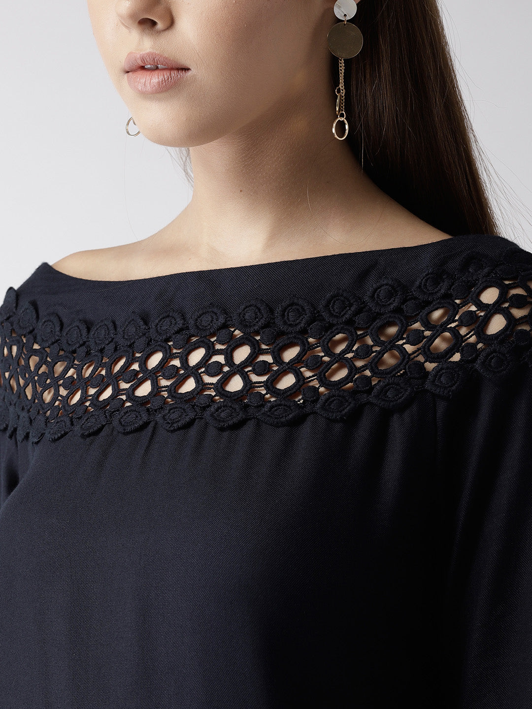 Style Quotient Women Solid Navy Viscose Rayon Smart Casual Top