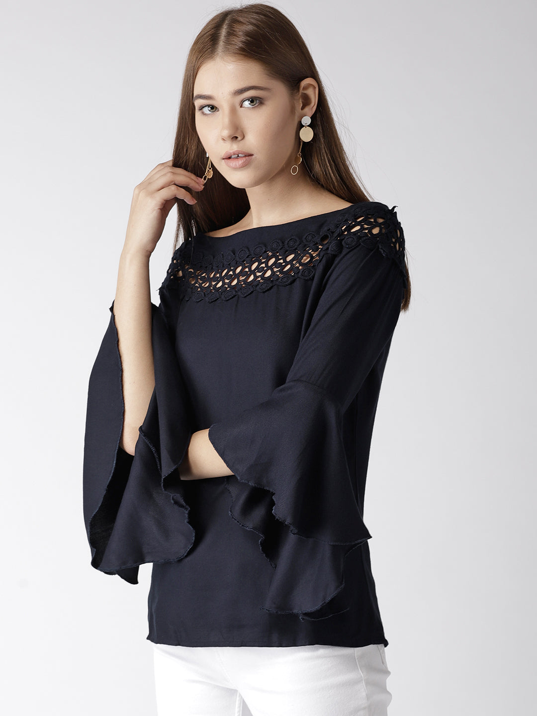 Style Quotient Women Solid Navy Viscose Rayon Smart Casual Top