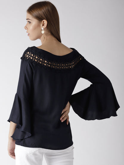 Style Quotient Women Solid Navy Viscose Rayon Smart Casual Top